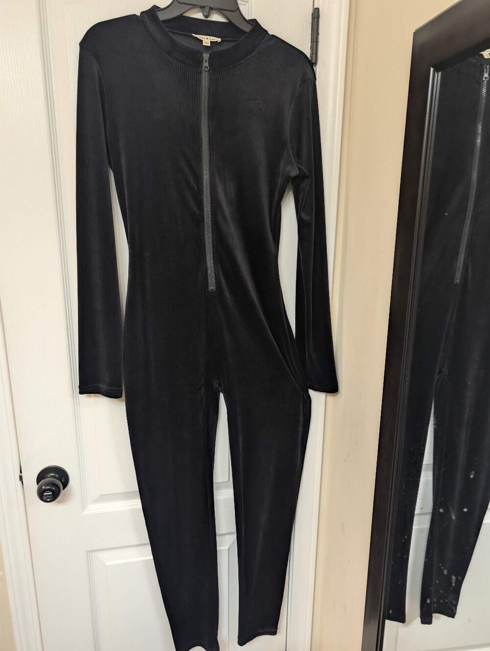 Ellie & Kate  Deep Charcoal Gray Zip-Front Ribbed Velour Jumpsuit